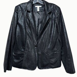 Chicos Black Faux Leather Crocodile Print One Button Blazer Jacket 2